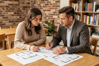 Couple de propriétaires examinant des documents immobiliers pour constituer un patrimoine locatif