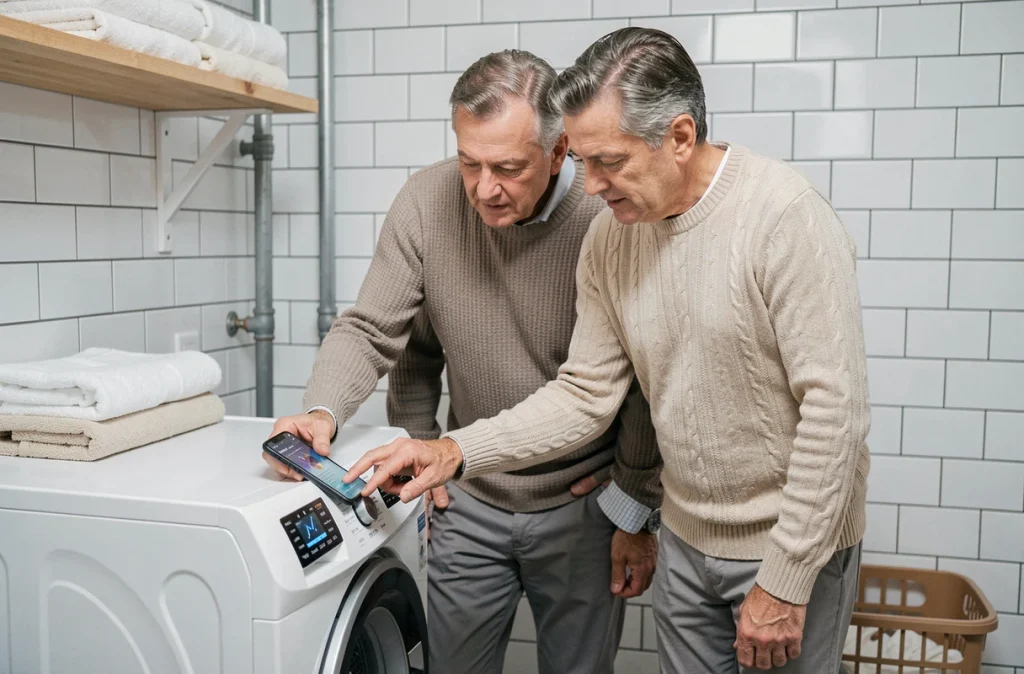 Couple programmant un lave-linge connecté via smartphone dans une buanderie domestique avec carrelage blanc