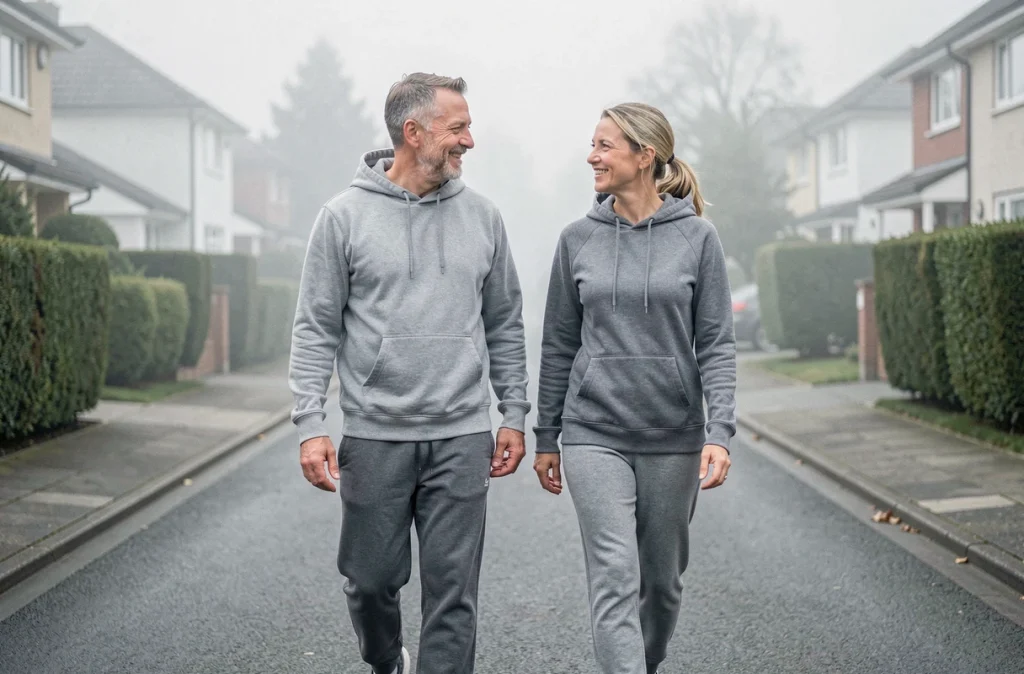 Couple en marche matinale dans un quartier résidentiel pour prendre soin de leur santé cardiovasculaire