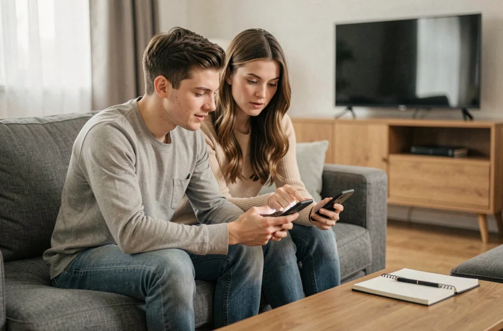 Couple planifiant leur budget mensuel ensemble sur une application mobile dans leur salon