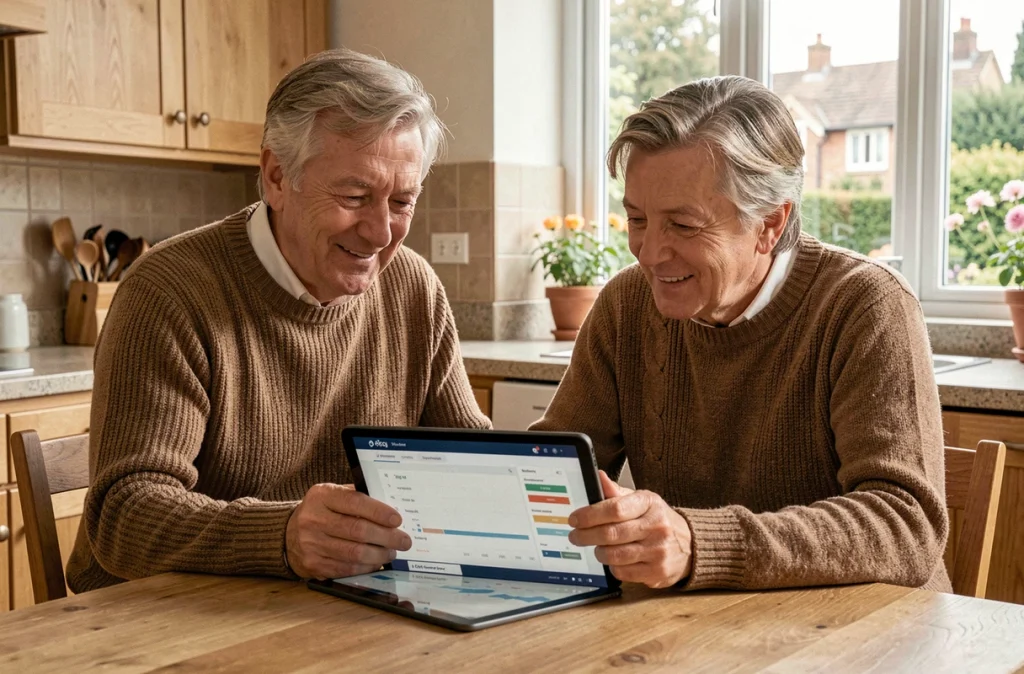 Couple de seniors planifiant leur épargne en assurance vie ensemble autour d'une tablette numérique dans leur cuisine en France