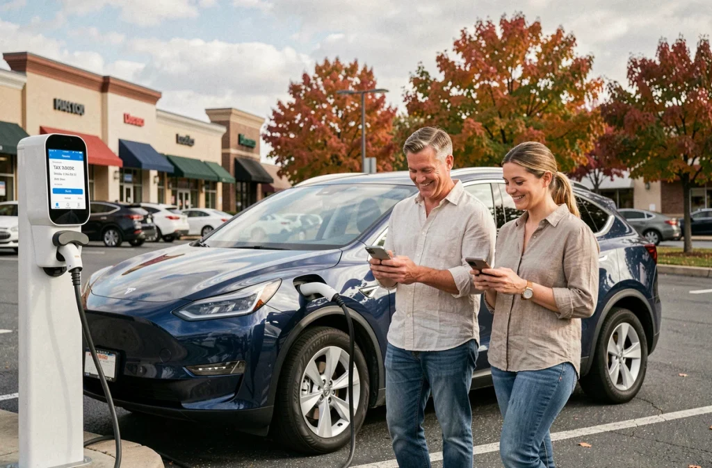 Couple rechargeant leur SUV hybride rechargeable tout en consultant une application de calcul de crédit d'impôt