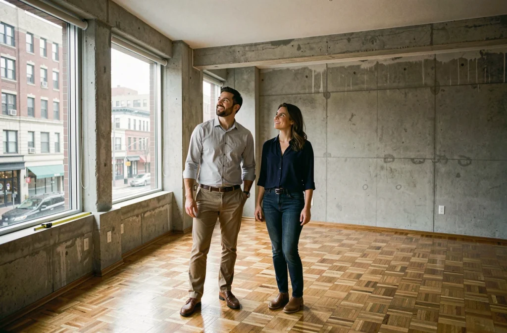 Couple visitant un appartement vide avec parquet et grandes fenêtres lors d'une visite immobilière