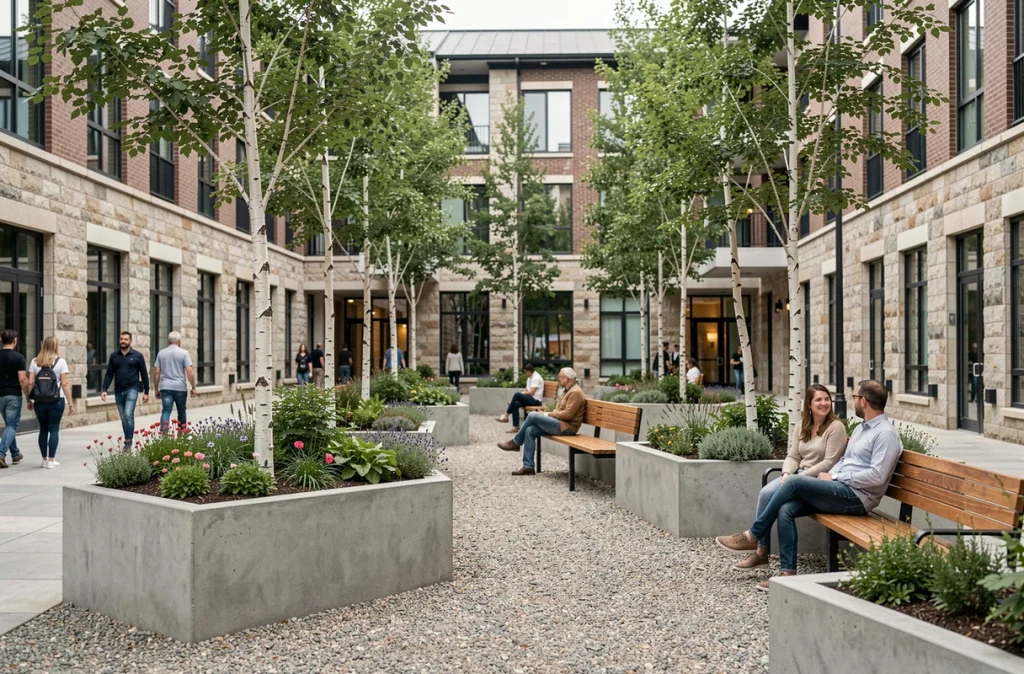 Cour intérieure végétalisée d'un écoquartier urbain avec arbres et espaces piétons paysagers