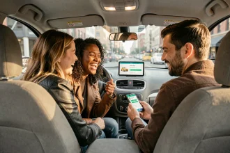 Trois covoitureurs urbains souriants dans une voiture moderne consultant une application de covoiturage sur smartphone