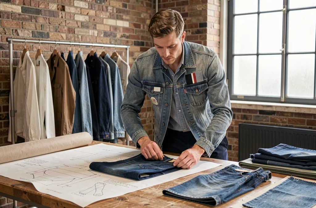 Créateur de mode masculin en total look denim travaillant dans son atelier parisien entouré de tissus en jean