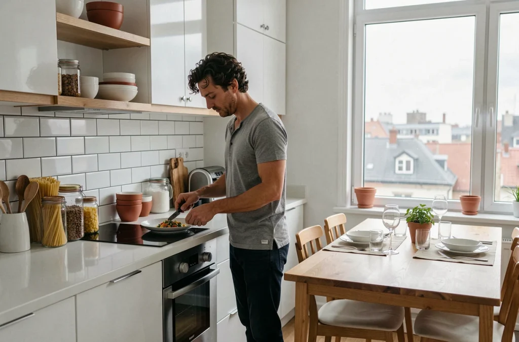 Homme dressant une assiette dans une petite cuisine ouverte urbaine communicant directement avec l'espace repas
