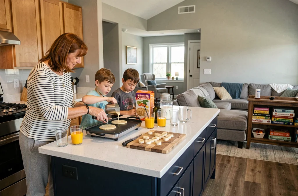 Mère et enfants préparant des pancakes dans une grande cuisine ouverte familiale communicant avec le salon le week-end