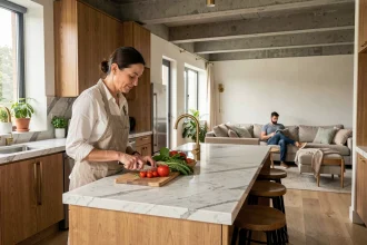 Femme préparant des légumes dans une cuisine ouverte moderne intégrée au salon, avec îlot en marbre et cabinetry en chêne