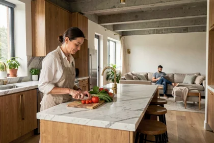Femme préparant des légumes dans une cuisine ouverte moderne intégrée au salon, avec îlot en marbre et cabinetry en chêne