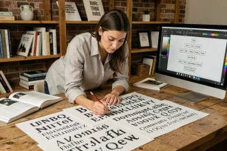 Designer graphique analysant des spécimens de polices de caractères imprimés sur un bureau en bois, avec écran de mise en page typographique en arrière-plan