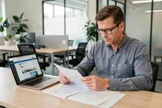 Entrepreneur masculin consultant des documents administratifs France Travail pour désinscription et création d'entreprise dans un espace de coworking