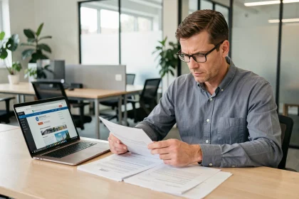 Entrepreneur masculin consultant des documents administratifs France Travail pour désinscription et création d'entreprise dans un espace de coworking
