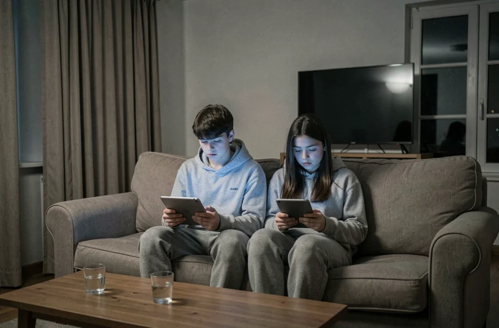 Deux adolescents épuisés assis dans un salon la nuit, chacun fixant son écran, représentant l'impact des appareils numériques sur le sommeil des jeunes