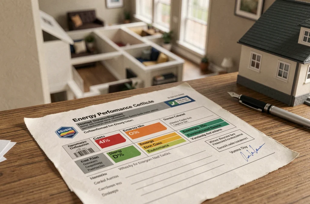 Diagnostic de performance énergétique posé sur un bureau avec une maquette de maison, illustrant l'influence de l'isolation thermique sur la valeur d'un bien immobilier