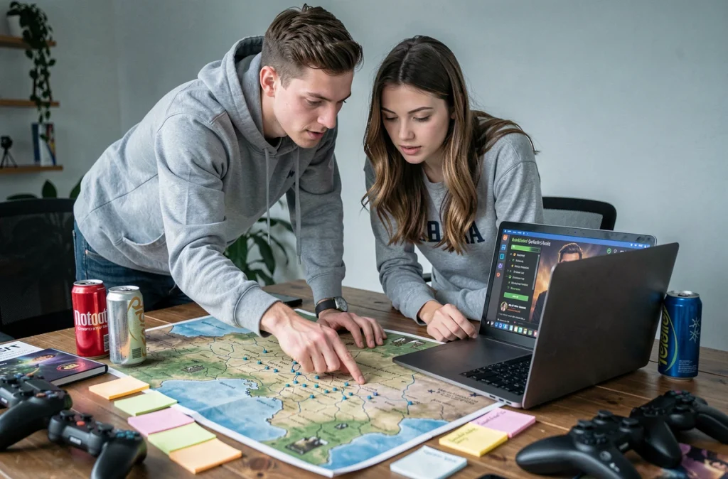 Deux joueurs DOFUS collaborant autour d'une table avec cartes de portails, listes de succès et interface de jeu