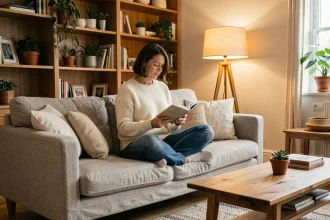 Femme lisant sur un canapé en lin dans un salon confortable avec un éclairage d'ambiance chaleureux