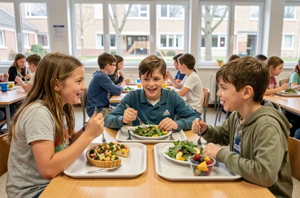 Enfants attablés en cantine scolaire dégustant un repas végétarien composé d'une tarte aux légumes, salade verte et coupe de fruits