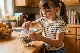 Jeune fille déposant des pièces de monnaie dans une tirelire en verre sur une table de cuisine familiale