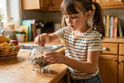 Jeune fille déposant des pièces de monnaie dans une tirelire en verre sur une table de cuisine familiale