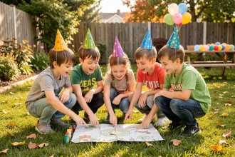 Groupe d'enfants examinant une carte au trésor lors d'une chasse aux trésors dans un jardin pour un anniversaire