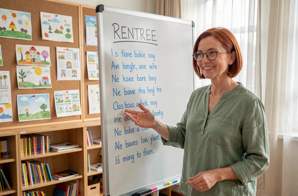 Enseignante présentant un poème acrostiche sur le mot RENTRÉE au tableau blanc de sa classe