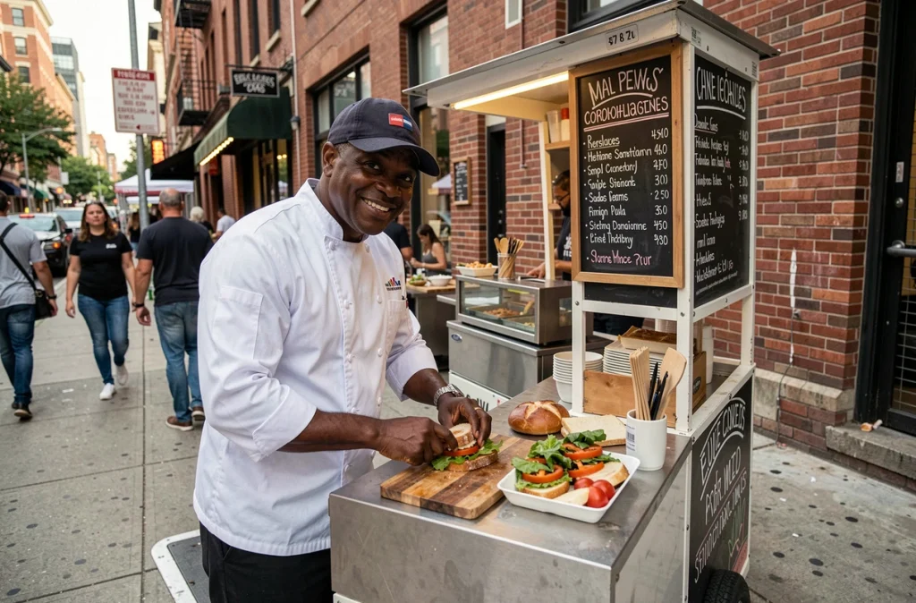 Entrepreneur de rue gérant son stand alimentaire mobile grâce au microcrédit
