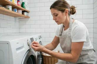 Femme entretenant le joint d'un lave-linge dans une buanderie propre et organisée