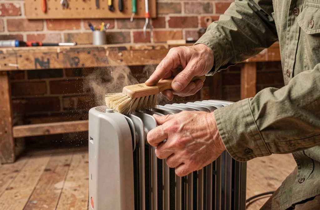 Mains nettoyant le filtre et les résistances d'un radiateur électrique avec une brosse dans un atelier domestique