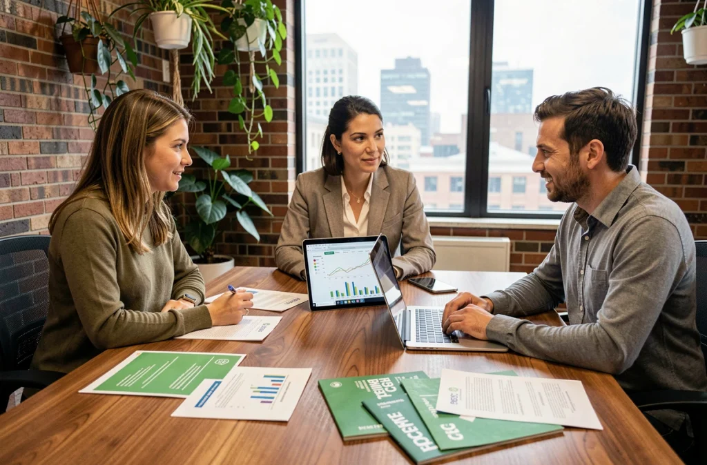 Équipe de professionnels de la finance discutant de rapports ESG et d'obligations vertes autour d'une table de réunion