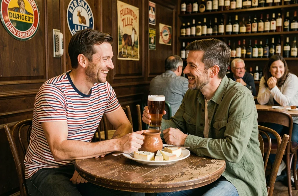 Deux amis partageant une bière artisanale et des fromages dans un estaminet traditionnel lillois
