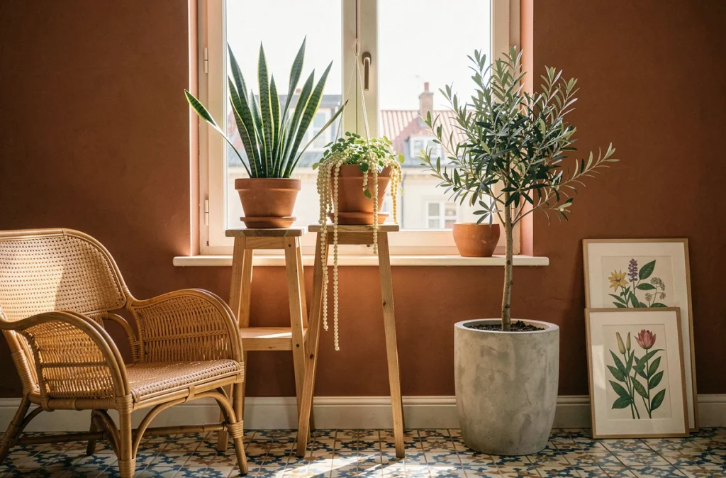 Étagère à plantes garnie de diverses plantes d'intérieur dont un sansevieria et un collier de perles dans un salon éclectique aux murs terracotta