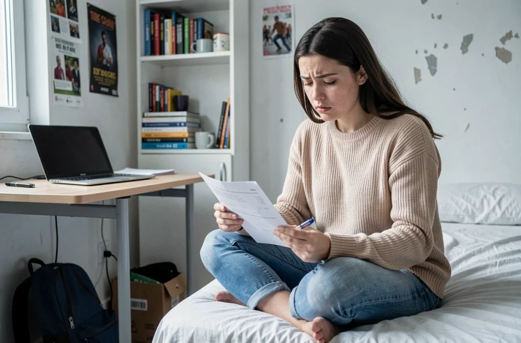 Étudiante examinant un contrat de colocation dans sa chambre d'étudiant