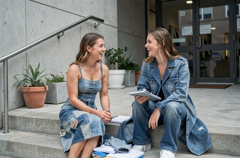 Deux étudiantes en mode portant des total looks denim créatifs et variés assises sur des marches en béton devant une école de mode