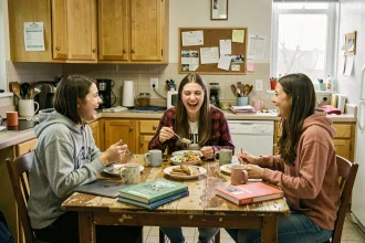 Trois étudiants colocataires partageant un petit-déjeuner dans une cuisine d'appartement partagé