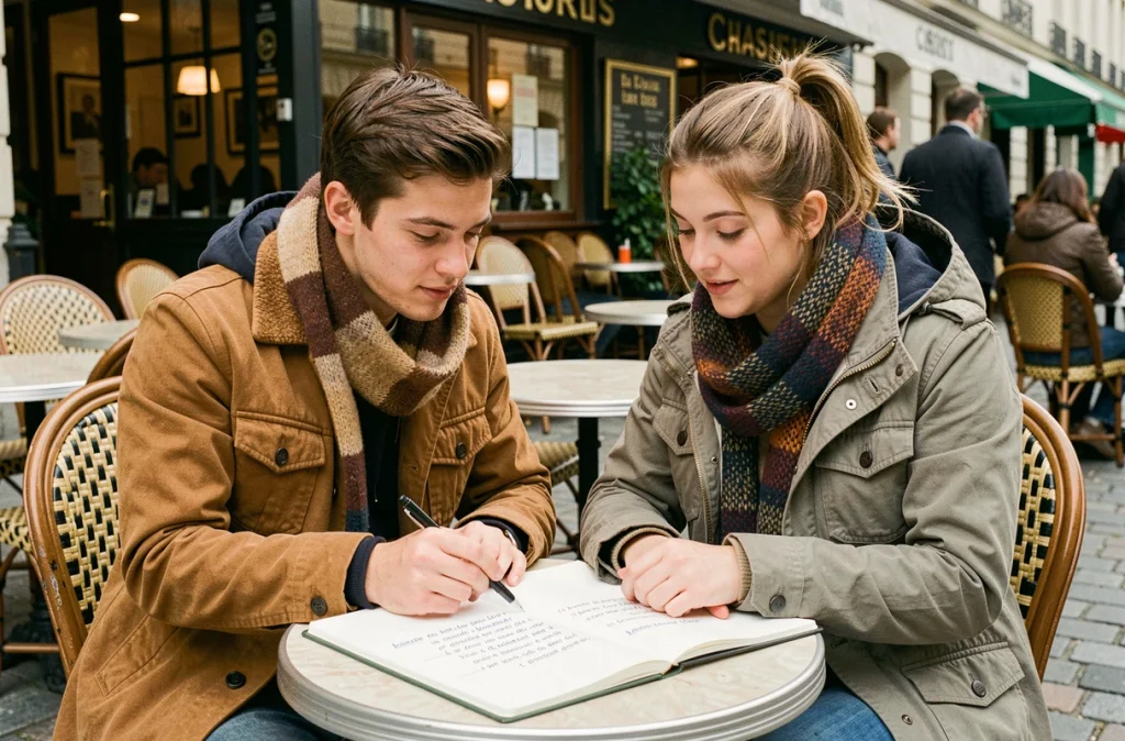 Deux étudiants révisant des exercices de grammaire française ensemble dans un café parisien