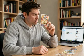 Homme examinant une carte Pokémon avec un regard critique, assis à un bureau avec des cartes éparpillées et un ordinateur portable ouvert