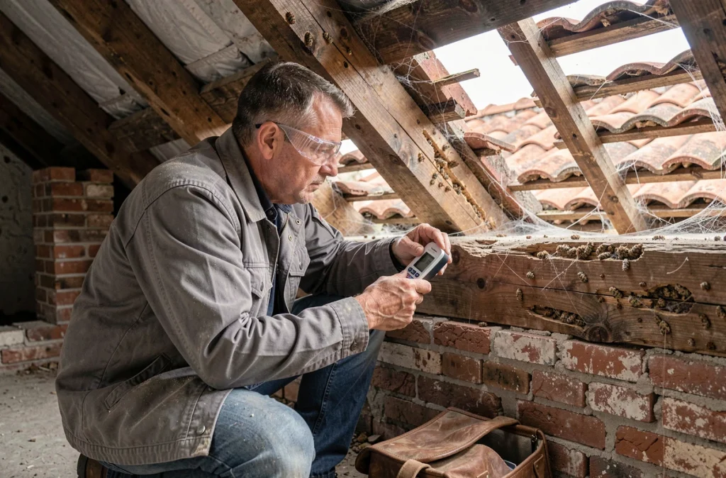 Expert en bâtiment inspectant la charpente d'une maison ancienne dans les combles, détection de dégâts sur les poutres