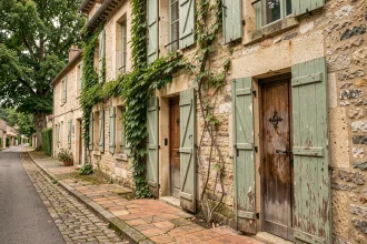 Façade d'une ancienne maison en pierre avec volets en bois et lierre, illustration de l'achat immobilier dans l'ancien