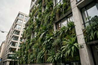 Façade végétalisée d'un immeuble urbain moderne avec mur végétal et plantes grimpantes intégrées à l'architecture