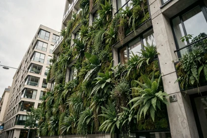 Façade végétalisée d'un immeuble urbain moderne avec mur végétal et plantes grimpantes intégrées à l'architecture