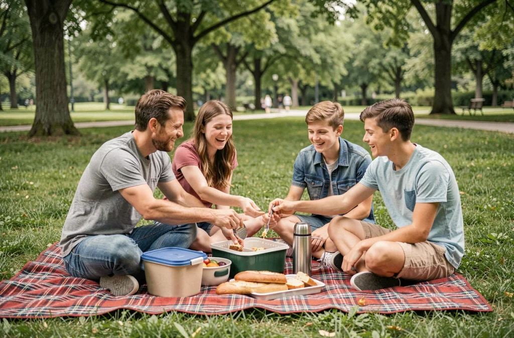 Famille réunie sur une couverture dans un parc pour un pique-nique convivial et détendu