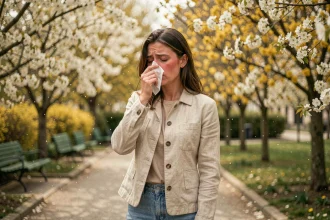 Femme souffrant d'allergie saisonnière dans un parc fleuri au printemps en France, se mouchant avec un mouchoir en papier entourée d'arbres en fleurs