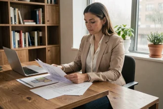 Femme en blazer beige analysant des documents immobiliers sur un bureau en bois dans un bureau à domicile moderne