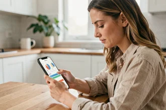 Femme utilisant une application mobile de gestion budgétaire sur son smartphone dans une cuisine moderne