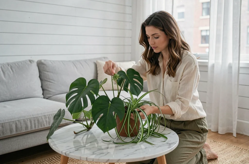 Femme arrangeant des plantes d'intérieur dont un monstera sur une table basse en marbre dans un salon au style scandinave épuré
