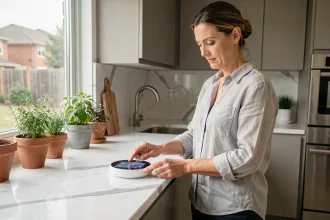 Femme utilisant un assistant connecté dans une cuisine moderne avec comptoir en marbre blanc et herbes aromatiques