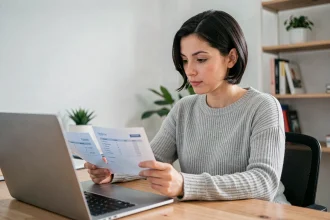 Une femme compare des frais bancaires entre banque traditionnelle et néobanque sur un ordinateur portable à son bureau