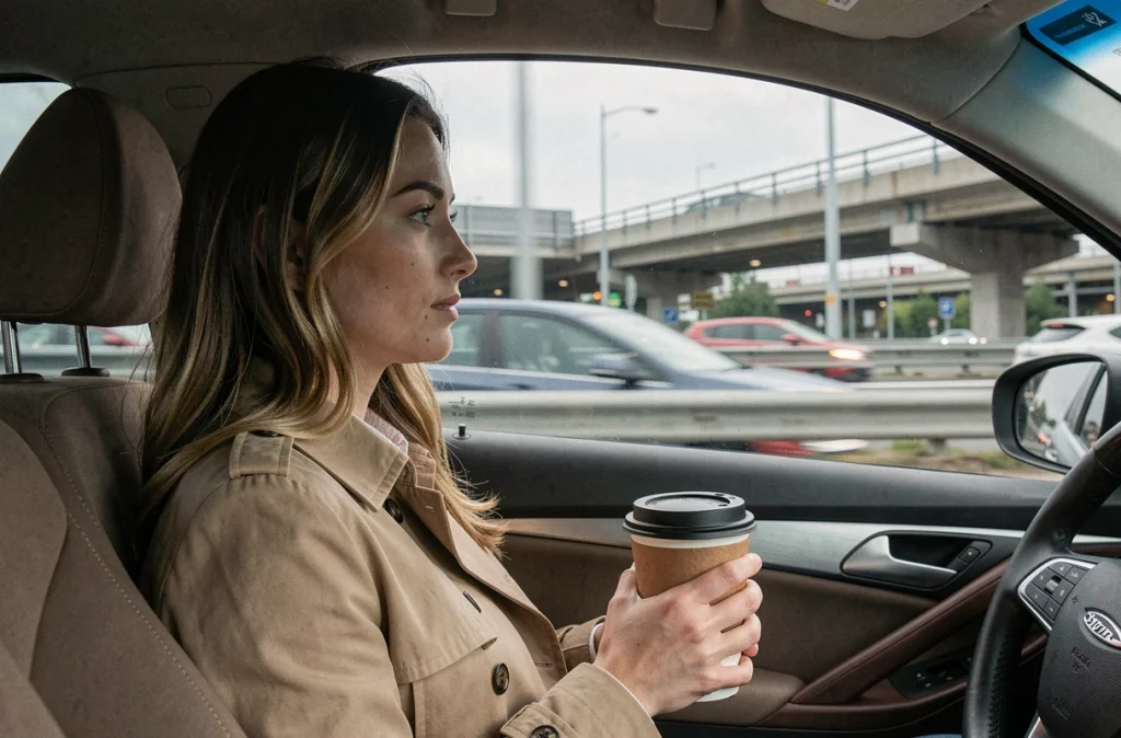 Une jeune femme en covoiturage sur autoroute urbaine regardant le paysage depuis le siège passager