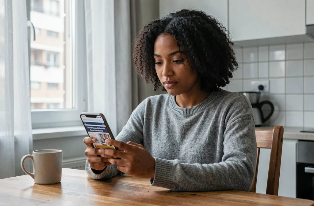 Jeune femme consultant des informations sur ses droits face aux discriminations sur son smartphone à domicile